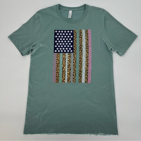 Bella Canvas Tops - PatrioticT-Shirt Womens Medium Green with Flag Short Sleeve Crew Neck All Cotton